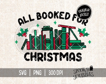 May include: A digital design featuring a stack of books with the text "ALL BOOKED FOR CHRISTMAS" in black. The books are green, red, and blue. The design also includes holly leaves and berries.