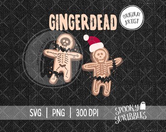 Pode incluir: Gingerdead, um design temático de Halloween com dois homens de gengibre esqueletos, um deles usando um chapéu de Papai Noel. O texto "Gingerdead" está escrito em letras grandes e em negrito no topo do design. O texto "Original Artist" está escrito em um círculo no canto superior direito do design. O texto "Spooky Scribbles" está escrito em um círculo no canto inferior direito do design. O texto "SVG | PNG | 300 DPI" está escrito no centro inferior do design.