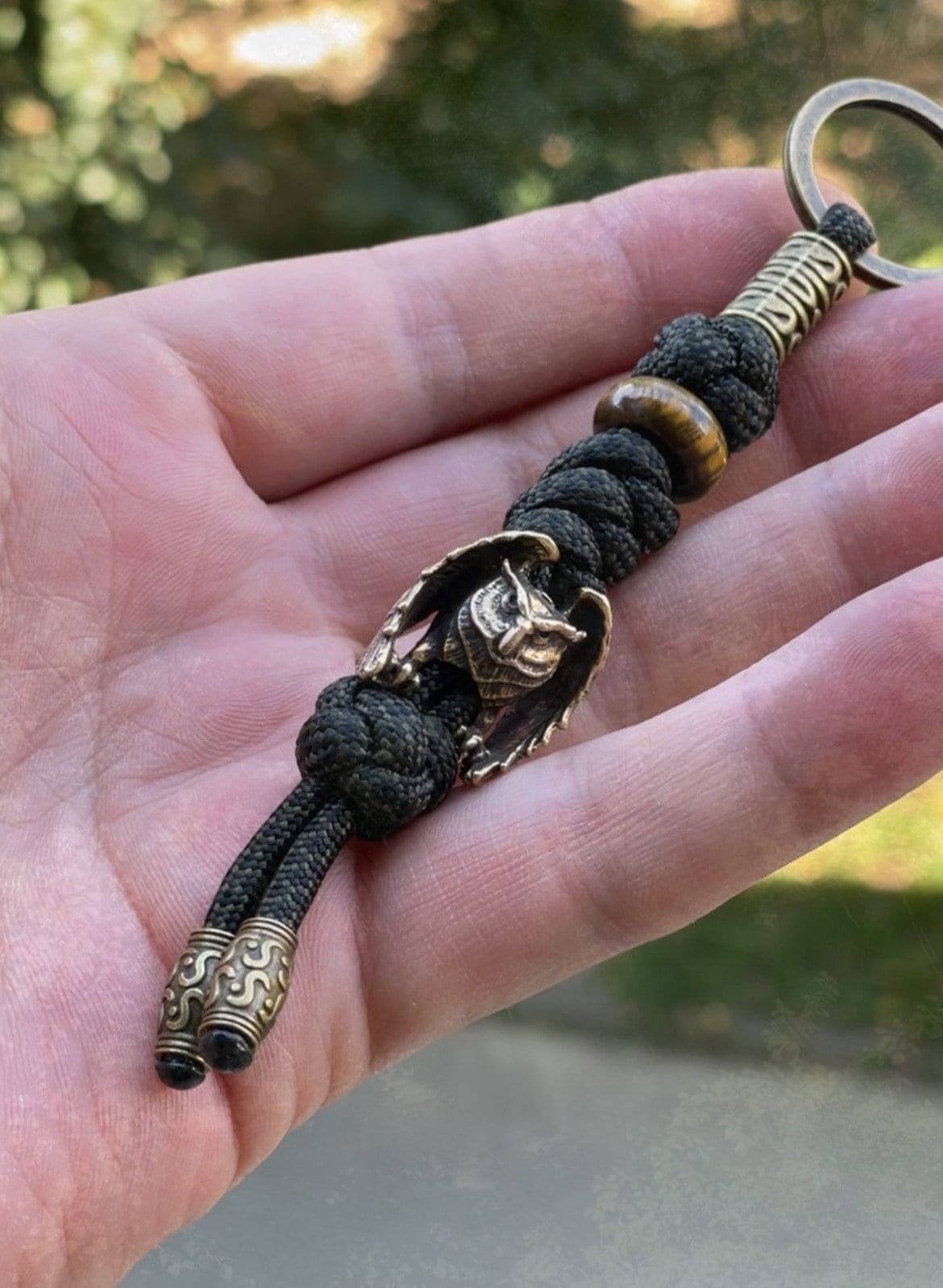 Paracord keychain owl with natural stone and brass beads