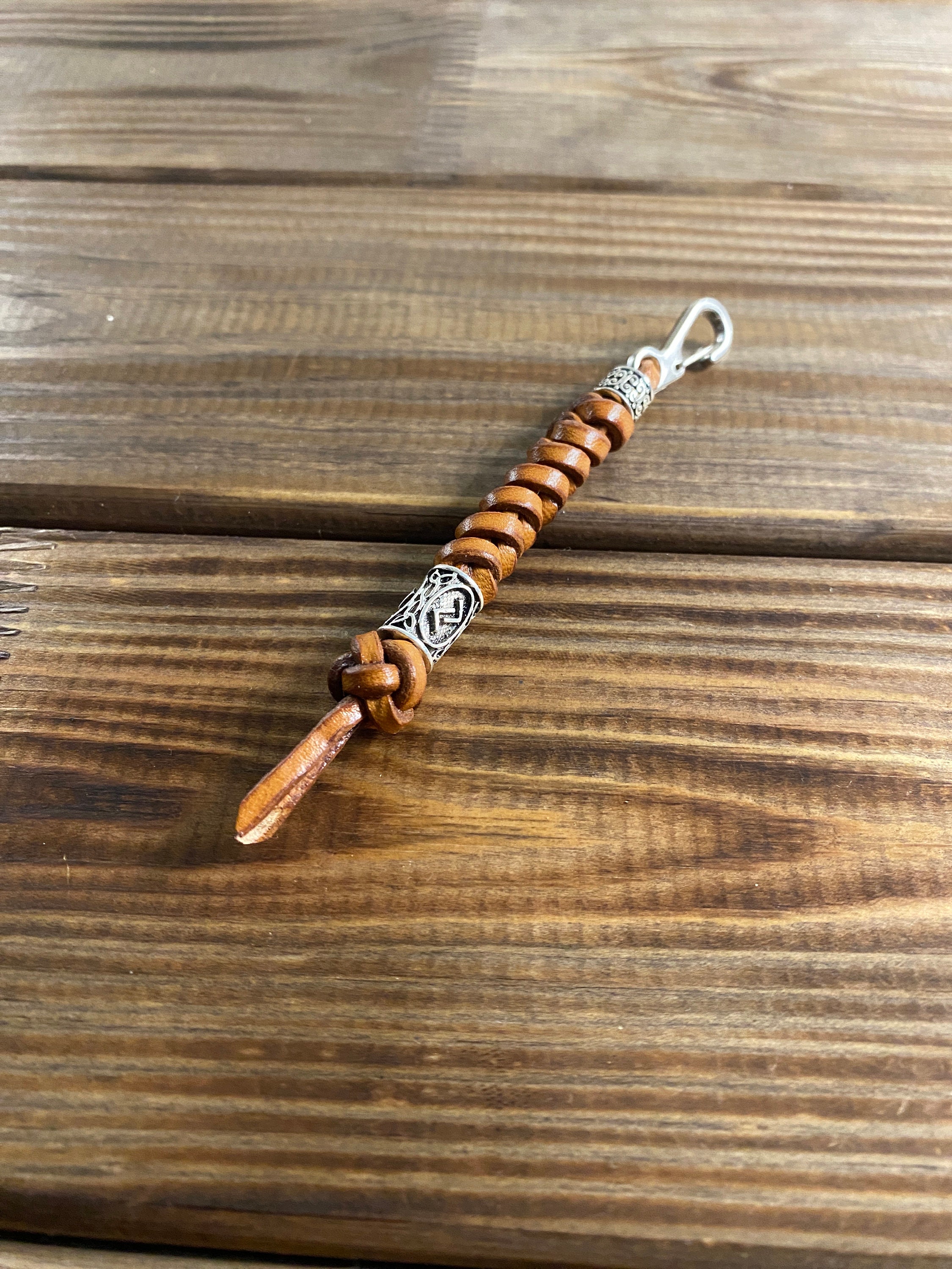 Leather Lanyard, Handmade Woven Keychain With Rune Beads and Key
