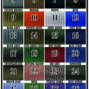 May include: A chart with 32 different colors of paracord, each with a number and a name. The colors include dark red, yellow, graphite, red, white and black, yellow snake, black, black forest, coyote brown, orange, white, blue, dark grey, coyote olive, army green, navy blue, olive grey, pine green strip, red snake, blue strip, coyote and black, hunting season, die cast, comanche, white blue, moss, purple snake, blue spiral, black snake, navy blue and grey, royal blue, and red strip.