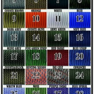 K&ouml;nnte beinhalten: Eine Tabelle mit 32 verschiedenen Farben von Paracord, jede mit einer Nummer und einem Namen. Die Farben umfassen Dunkelrot, Gelb, Graphit, Rot, Wei&szlig; und Schwarz, Gelbe Schlange, Schwarz, Schwarzer Wald, Coyote Braun, Orange, Wei&szlig;, Blau, Dunkelgrau, Coyote Olive, Armeegr&uuml;n, Marineblau, Olivgrau, Kiefern gr&uuml;ner Streifen, Rote Schlange, Blauer Streifen, Coyote und Schwarz, Jagdsaison, Druckguss, Comanche, Wei&szlig;blau, Moos, Lila Schlange, Blaue Spirale, Schwarze Schlange, Marineblau und Grau, K&ouml;nigsblau und Rotstreifen.