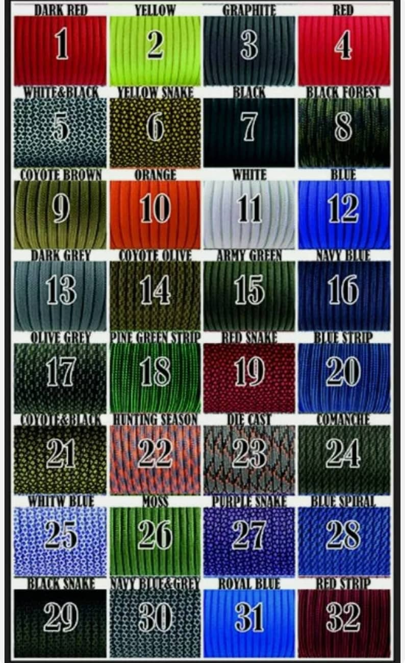 K&ouml;nnte beinhalten: Eine Tabelle mit 32 verschiedenen Farben von Paracord, jede mit einer Nummer und einem Namen. Die Farben umfassen Dunkelrot, Gelb, Graphit, Rot, Wei&szlig; und Schwarz, Gelbe Schlange, Schwarz, Schwarzer Wald, Coyote Braun, Orange, Wei&szlig;, Blau, Dunkelgrau, Coyote Olive, Armeegr&uuml;n, Marineblau, Olivgrau, Kiefern gr&uuml;ner Streifen, Rote Schlange, Blauer Streifen, Coyote und Schwarz, Jagdsaison, Druckguss, Comanche, Wei&szlig;blau, Moos, Lila Schlange, Blaue Spirale, Schwarze Schlange, Marineblau und Grau, K&ouml;nigsblau und Rotstreifen.