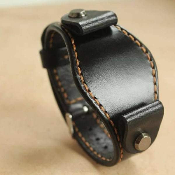 Lederen volledige bund riem, handgemaakte zwarte horloge manchet riem, mens aangepaste horlogeband, vintage polshorloge lederen horloge militaire band