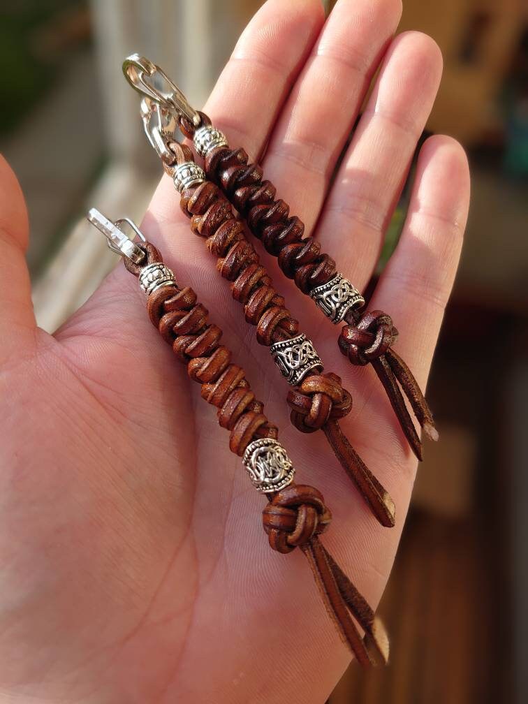 Genuine Leather Knife Lanyard / Leather Keychain / Silver Beads