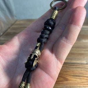 550 Paracord Lanyard , paracord keychain  Spartan helmet brass bead  , natural stone,