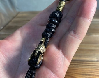 550 Paracord Lanyard , paracord keychain  Spartan helmet brass bead  , natural stone,