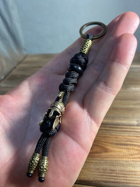 550 Paracord Lanyard , paracord keychain  Spartan helmet brass bead  , natural stone,