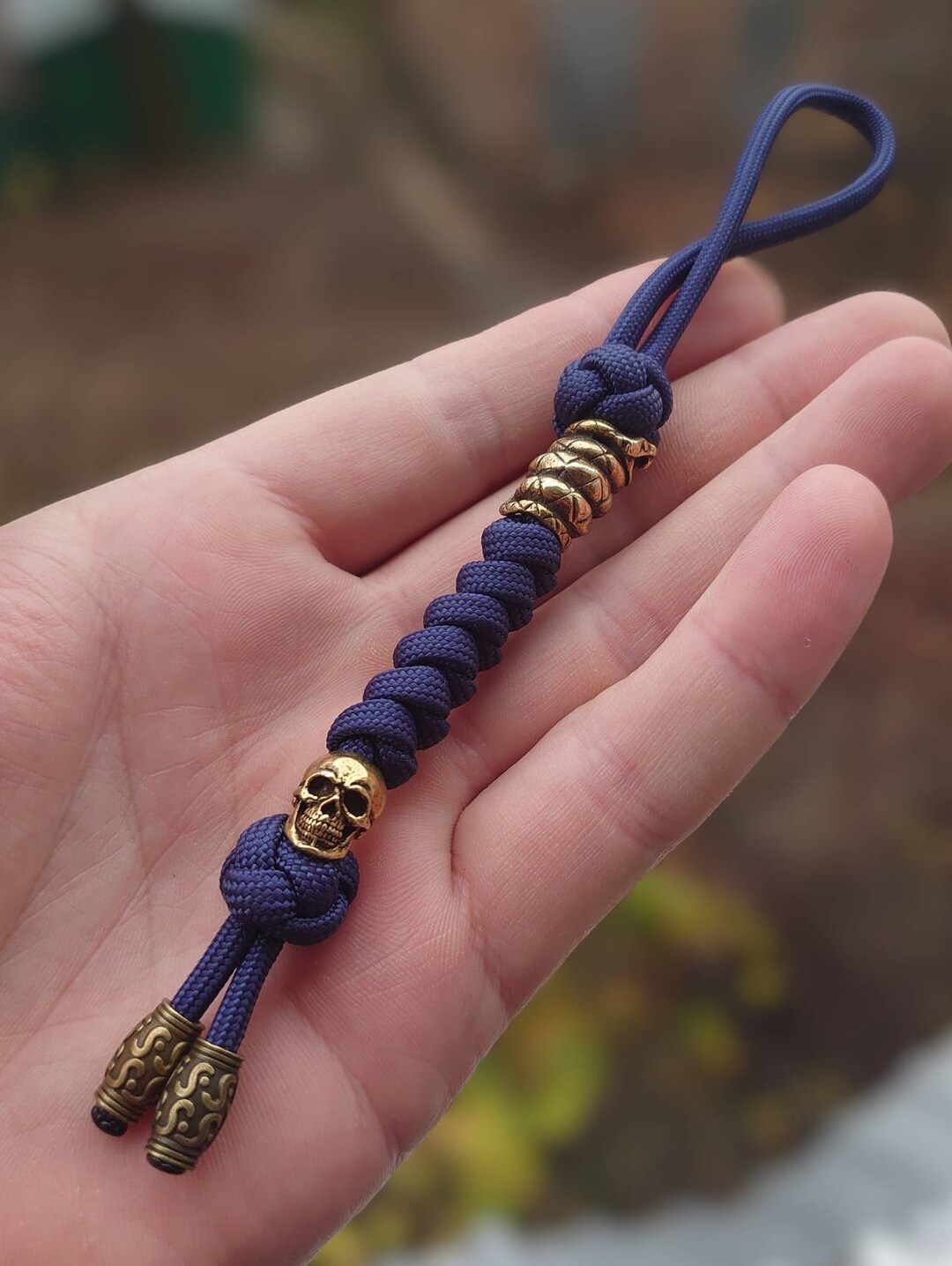 Knife Paracord Lanyard With Brass Bead Skull and Snake Beads , Edc