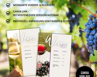 Wine List Canva Template | Menu Card Template | DIN A4 | Front & Back | Instant Download