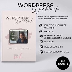 Puede incluir: Un cuaderno de trabajo rosa pálido titulado "WordPress Workbook" con texto negro y una fuente cursiva. La portada presenta a una mujer en la pantalla de un portátil. El cuaderno de trabajo incluye instrucciones paso a paso, 10 capítulos y 68 páginas.