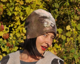 Felted beanie hat, women winter wool brown hat, warm slouchy beige white cap