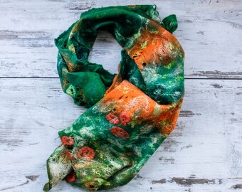 Felted emerald green scarf, women silk wool blue shawl, warm winter green blue orange accessory, felted clothing, gift for her