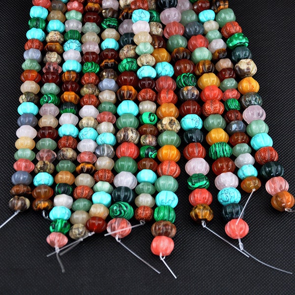 Mixed Color 12MM/14mm Natural Pumpkin Carved Gemstone Beads，Center Drilled,Loose Beads， Handmade Carve Bead，Carved Watermelon Gemstone Beads