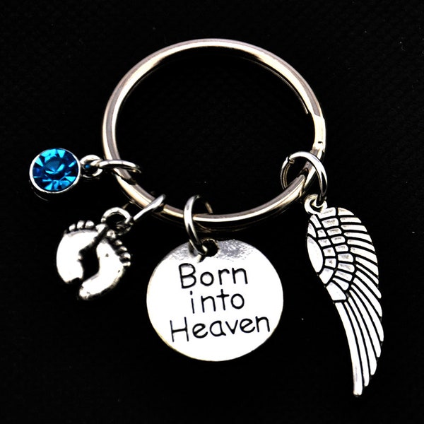 Angel wing Charm keychain-Born into Heaven baby loss keychain with Birthstone-Baby Loss Gift-Miscarriage Keychain-Infant Loss Gift- 900988-2