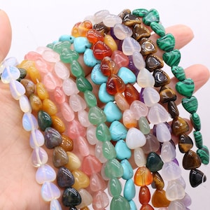Natural 10mm Smooth Heart Drilled  Beads， Genuine Gemstone Heart Beads for Jewelry Making, Semi Precious Stone Beads，7.5-15 inch Strand