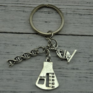 DNA Keychain, Science Keychain, Double Helix Keychain,  Beaker Keyring, Microscope Keyring,DNA Keyring, Scientist Gift