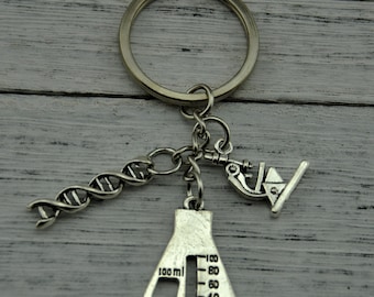 DNA Keychain, Science Keychain, Double Helix Keychain,  Beaker Keyring, Microscope Keyring,DNA Keyring, Scientist Gift