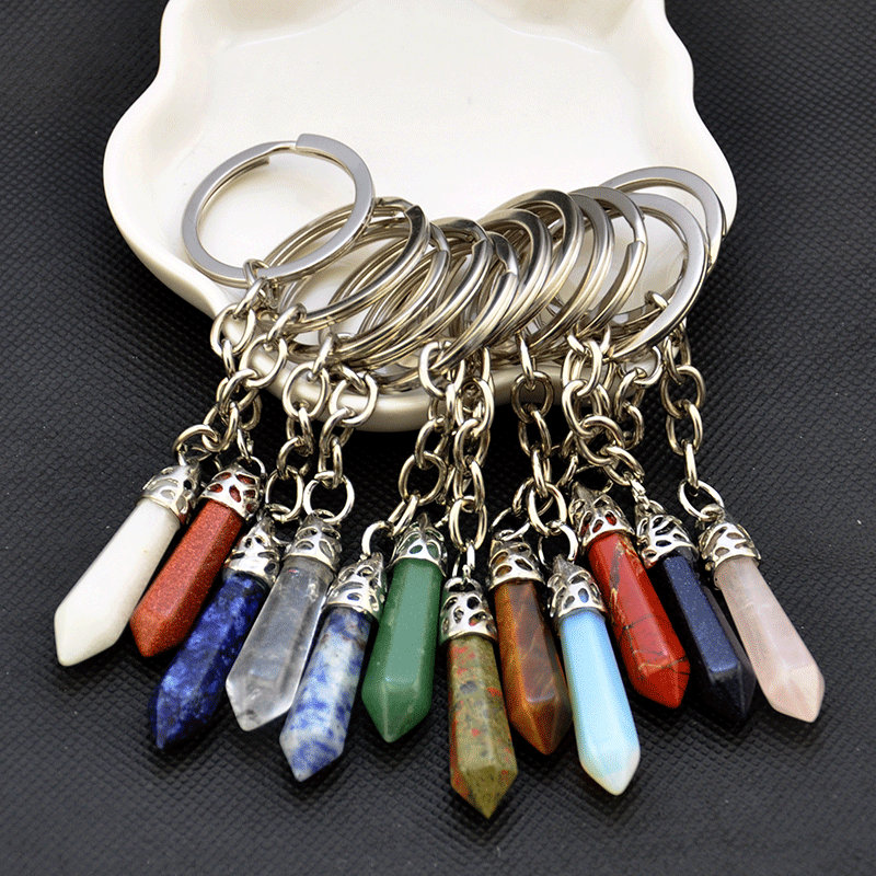 2-100pcs Mixed Crystal Point Keychain，hexagon Spike Quartz