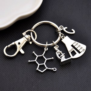 Beaker Charm Keychain，chemical Charm Keychain，DNA Microscope Keychain， Lab Scientist Gift, Science Teacher Gift,  Caffeine Molecule Keychain