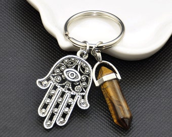 Crystal Keychain, Crystal Hamsa Hand Keychain，Spiritual Gift with Key Ring，Evil Eye Key Ring，Hamsa Hand Key Chain，Power and Strength Gift