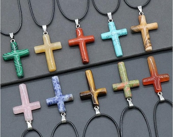 Handmade cross Raw Stone Gem Chakra Quartz Crystal birthday gifts,Natural gemstone Cross necklace pendant,Cross Crystals Pendant necklace