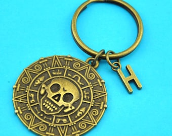 Pirates of The Caribbean keychain,Antique Bronze Aztec Coin Charm, initial keychain, Skull keychain-1900152