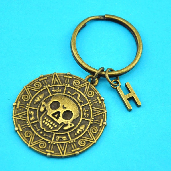 Pirates of The Caribbean keychain,Antique Bronze Aztec Coin Charm, initial keychain, Skull keychain-1900152