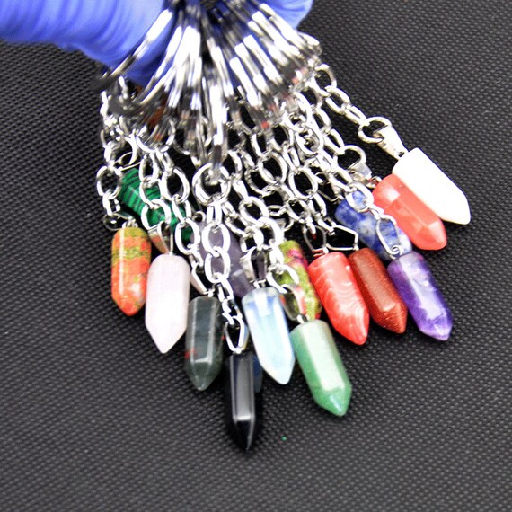 2-100pcs Mixed Crystal Point Keychain，hexagon Spike Quartz