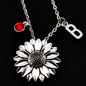 Sunflower necklace,Personalized Sunflower with birthstone and initial,Sunflower Jewelry Flower necklace,Nature Lover Gift,Flower-19001750-1