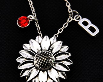 Sunflower necklace,Personalized Sunflower with birthstone and initial,Sunflower Jewelry Flower necklace,Nature Lover Gift,Flower-19001750-1