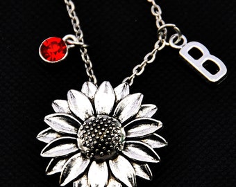 Sonnenblume Halskette, personalisierte Sonnenblume mit Geburtsstein und initial, Sonnenblume Schmuck Blume Halskette, Natur-Liebhaber-Geschenk, Blume-19001750-1