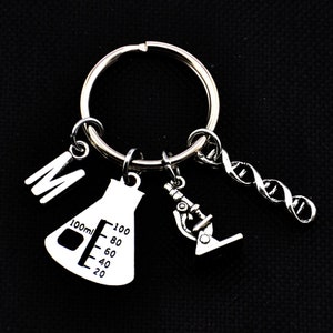 Biochemistry Worker Gift, DNA Charm Keyring,Beaker Keychain,Microscope Keyring, Laboratory worker Gift,Chemistry Part with Initial keychain