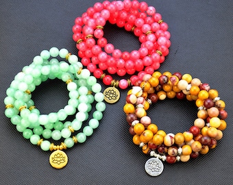 Mala bracelet with 108 Gemstone beads and Lotus Charm,Stunning Meditation Necklace,Prayer beads,Spiritual Yoga Friendship Bracelet/Necklace
