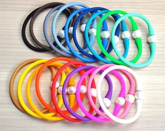 18 colors-10-11mm white freshwater Pearl & Silicone Rubber Stretch bracelet，Stretch Friendship Bracelet,  7.5&#39;&#39; wholesale pearl bracelets