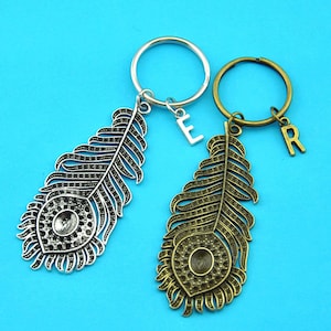 以下が含まれることがあります： 孔雀の羽根のチャームが付いた銀色のキーホルダーが2つ。1つのキーホルダーには「E」の文字が、もう1つのキーホルダーには「R」の文字が付けられています。