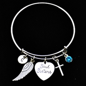 Soul sisters bracelet bangle on a Silver adjustable Bangle,Gifts for best friends,Best friends gifts,Angel wing bracelet,birthstone bracelet