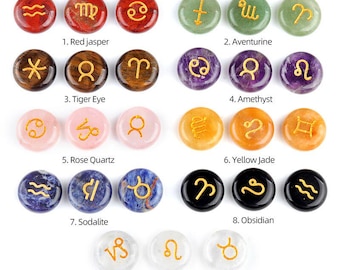12 Stone Engraved ASTROLOGY Runes Set，Constellation Runes Set，Astrological Symbol Crystal Runes With Pouch,  Natural Gemstone Wiccan Runes