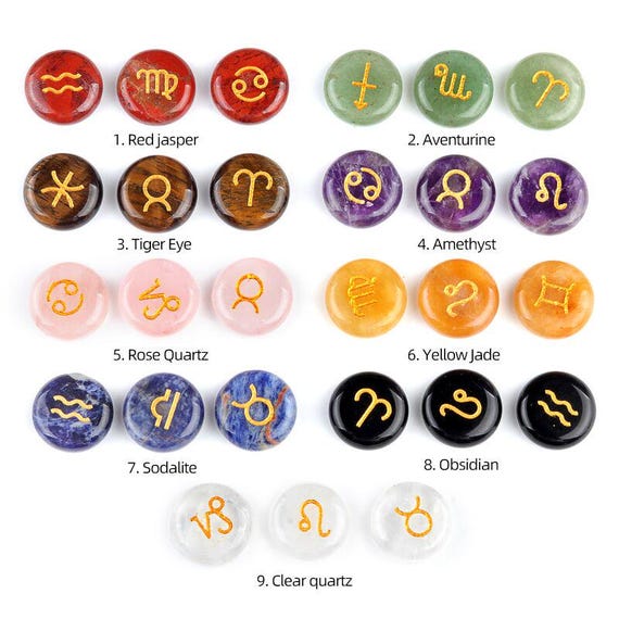 12 Stone Engraved ASTROLOGY Runes Set，Constellation Runes Set，Astrological Symbol Crystal Runes With Pouch,  Natural Gemstone Wiccan Runes
