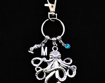 Meerjungfrau Schlüsselanhänger, Großer Oktopus Schlüsselanhänger, Oktopus Schlüsselring, Meer Kreatur, Initial Schlüsselbund, personalisierter Schlüsselbund mit Hummerverschluss
