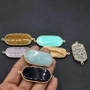 Natural Gemstone Oval Connector Charm, Oval Connector for Jewelry Making Supplies，Natural Gemstones Gold Connectors Links For DIY Making