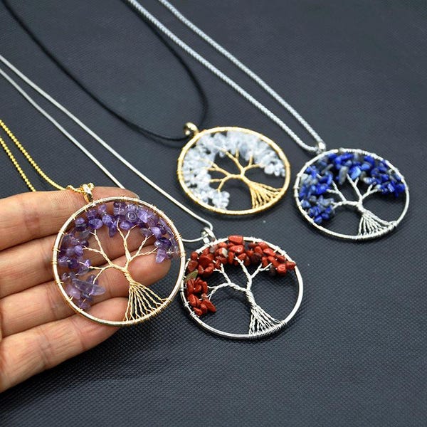 Natural Crushed Crystal Tree of Life Colorful rich tree necklace，Wire wound Tree of Life Pendant，Chakra Gemstone Necklace,Mother's Day Gift