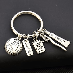 Zahnarzthelferin Geschenk Schlüsselbund, Zahnbürste, Zahnpasta, Zahnseide & Globe Schlüsselbund, Mitarbeiter Geschenk, Arbeitsteam Danke Geschenk, Geschenke Zahnhygienikerin