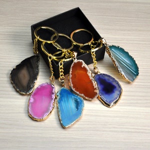 Agate Key Chain, Crystal Key Chain,Dyed Agate Keychains,Beautiful Slices,Agate keychains you pick your color，Agate slice Key Chain