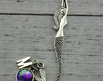 Mermaid Bookmark with fish scale Charm and initial charm, Metal Bookmark, Little Mermaid, Tibetan Silver Bookmark