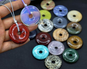Nature gemstone 40mm Donut Cord Necklace，Donut necklace， charm gemstone Amulet Talisman Necklace Jewerly，Adjustable rope necklace