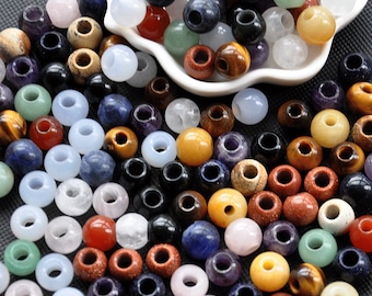 5-10pcs 6-12mm Natural Crystal large Hole gemstone round Beads, Natural Stone Pendant Beads, Large Hole Mix Gemstone Beads,Jewelry Making