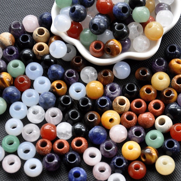 5-10pcs 6-12mm Natural Crystal large Hole gemstone round Beads, Natural Stone Pendant Beads, Large Hole Mix Gemstone Beads,Jewelry Making