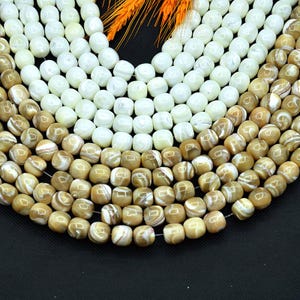 Peut inclure: Une collection de perles lisses et arrondies disposées en arcs concentriques. Les rangées intérieures sont composées de perles de nacre blanc cassé lustrées, tandis que les rangées extérieures présentent des perles marbrées brun clair.