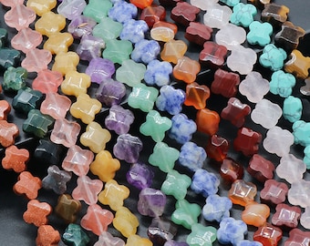 Cuentas de trébol de cuatro hojas naturales de 12 mm, hebra de cuentas perforadas con espaciador de flor de la suerte con gemas, cuentas de trébol con gemas, cuentas de flores